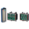 A 26 Function IP SHIFT Wireless Control System featuring a Lodar LTD controller with 16 buttons and two electronic circuit boards in transparent cases lies on a black background, highlighting the efficiency of the Lodar LTD system.