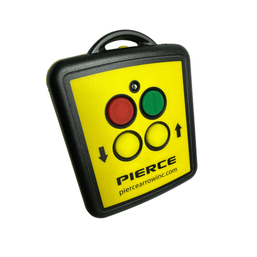 The Lodar LTD 2F Wireless Remote Transmitter is a yellow and black 2-function remote with green/red buttons, labeled Pierce with up/down arrows; it serves as a replacement wireless transmitter for PIERCE control systems.
