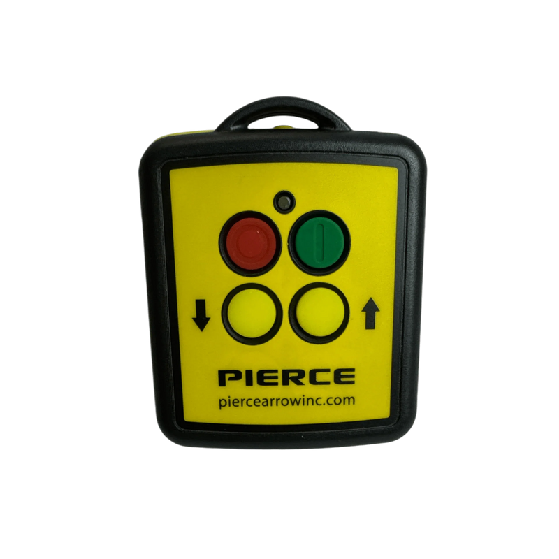 Lodar LTD 2F Wireless Remote Transmitter with yellow case, red and green buttons, black arrows, and website link on the front—perfect replacement for use with PIERCE wireless control systems.