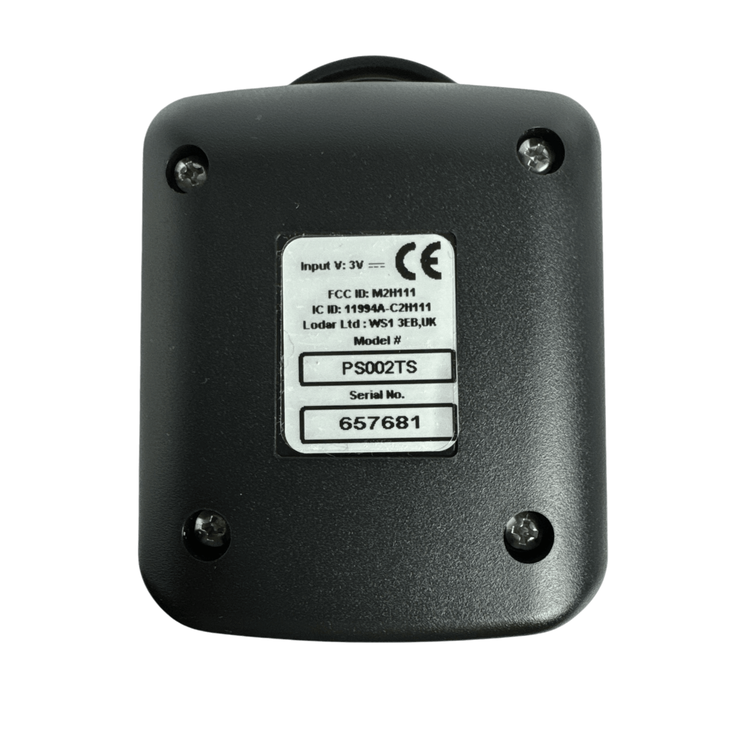Back view of a Lodar LTD 2F Wireless Remote Transmitter in black, displaying model and serial number label; compatible with PIERCE wireless control systems and ideal as a replacement transmitter.