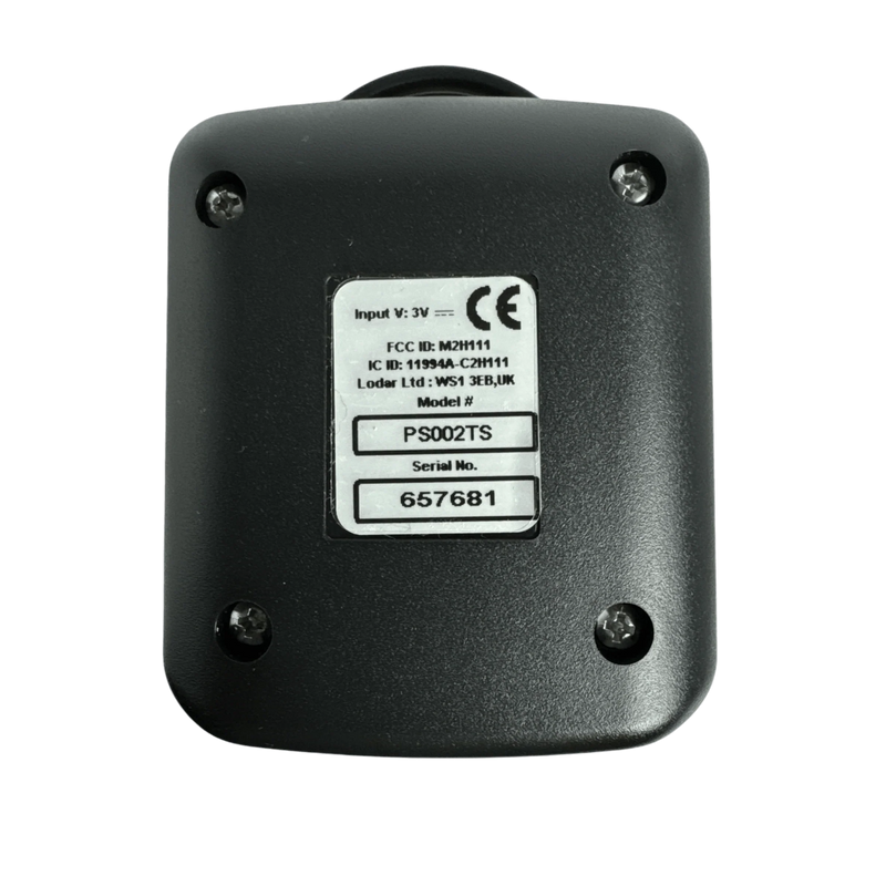 Back view of a Lodar LTD 2F Wireless Remote Transmitter in black, displaying model and serial number label; compatible with PIERCE wireless control systems and ideal as a replacement transmitter.