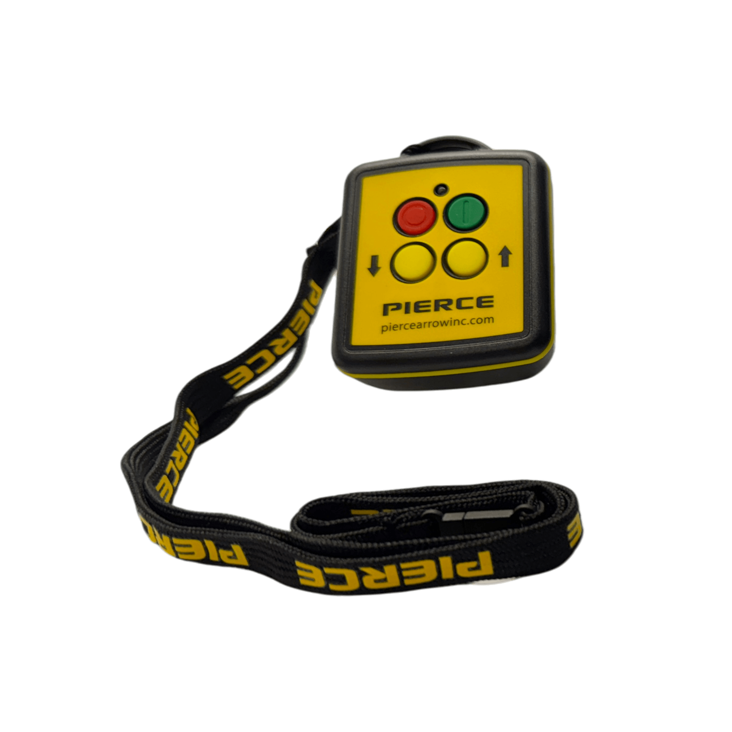 Lodar LTD 2F Wireless Remote Transmitter features green and red buttons, a yellow case, and a black PIERCE-labeled lanyard. Compatible with PIERCE wireless control systems; ideal as a replacement remote.