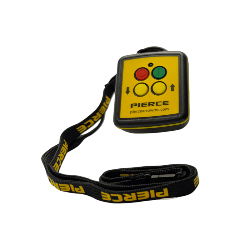 Lodar LTD 2F Wireless Remote Transmitter features green and red buttons, a yellow case, and a black PIERCE-labeled lanyard. Compatible with PIERCE wireless control systems; ideal as a replacement remote.