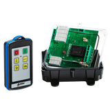 A 2 Function 110V IP Wireless Control System by Lodar LTD, featuring a remote control with buttons and an open electronic circuit board encased in a black casing with a clear cover, operates as part of a secure wireless transmitter system.