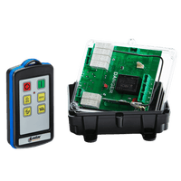 A 2 Function 110V IP Wireless Control System by Lodar LTD, featuring a remote control with buttons and an open electronic circuit board encased in a black casing with a clear cover, operates as part of a secure wireless transmitter system.