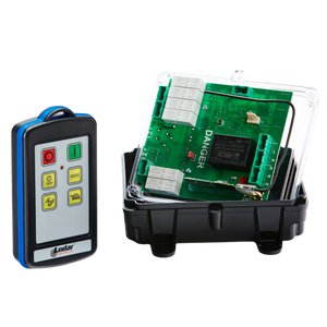 A 2 Function 110V IP Wireless Control System by Lodar LTD, featuring a remote control with buttons and an open electronic circuit board encased in a black casing with a clear cover, operates as part of a secure wireless transmitter system.