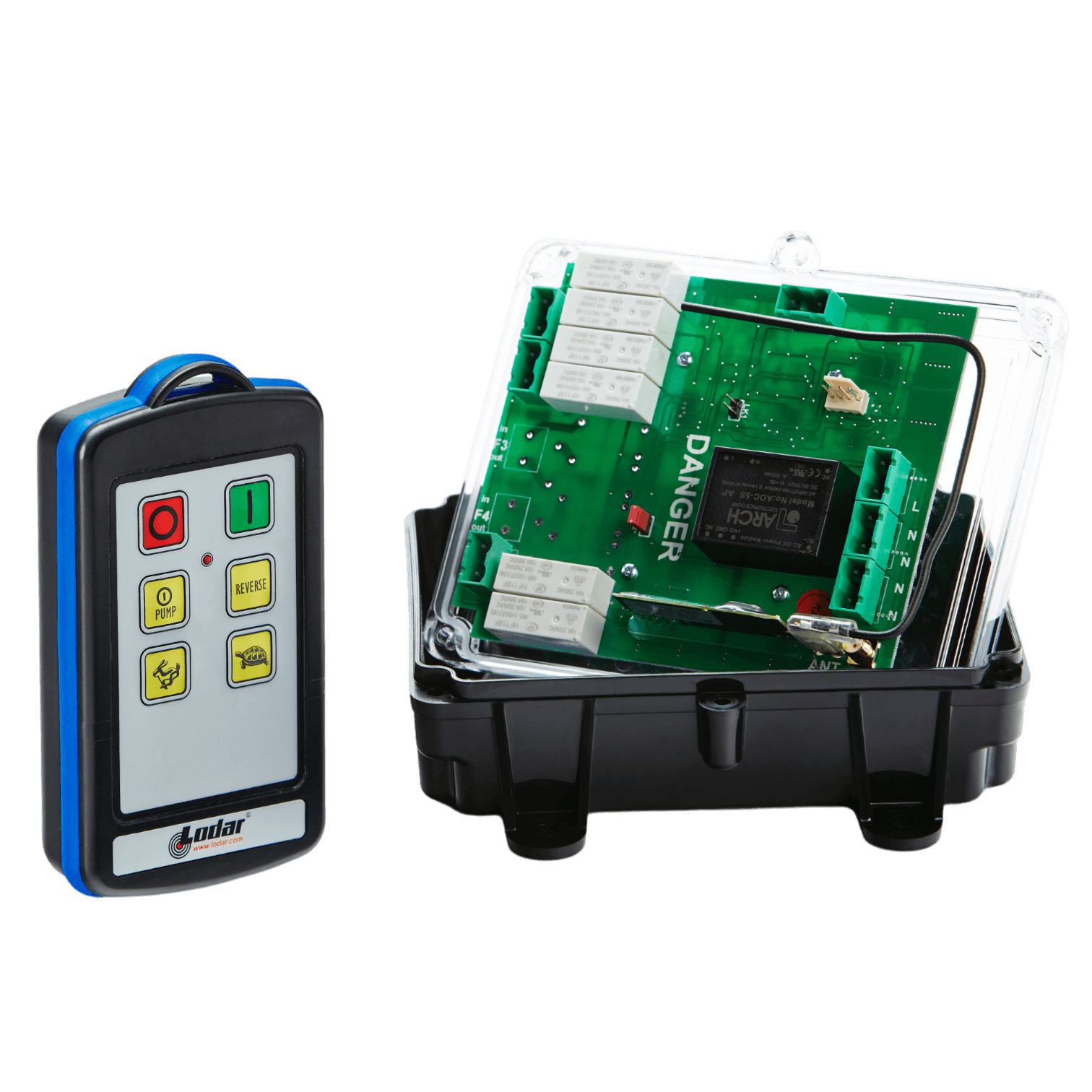 A 2 Function 110V IP Wireless Control System by Lodar LTD, featuring a remote control with buttons and an open electronic circuit board encased in a black casing with a clear cover, operates as part of a secure wireless transmitter system.