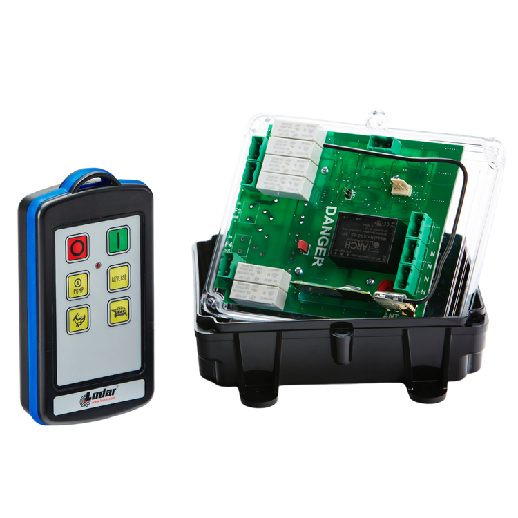 A 2 Function 110V IP Wireless Control System by Lodar LTD, featuring a remote control with buttons and an open electronic circuit board encased in a black casing with a clear cover, operates as part of a secure wireless transmitter system.