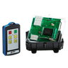 A 2 Function 110V IP Wireless Control System by Lodar LTD, featuring a remote control with buttons and an open electronic circuit board encased in a black casing with a clear cover, operates as part of a secure wireless transmitter system.