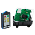 A 2 Function 110V IP Wireless Control System by Lodar LTD, featuring the Relay Receiver from the 96 Series with a remote control, showcases an open electronic circuit board with green components on a black base, all set against a white background.