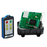 A 2 Function 110V IP Wireless Control System by Lodar LTD, featuring the Relay Receiver from the 96 Series with a remote control, showcases an open electronic circuit board with green components on a black base, all set against a white background.