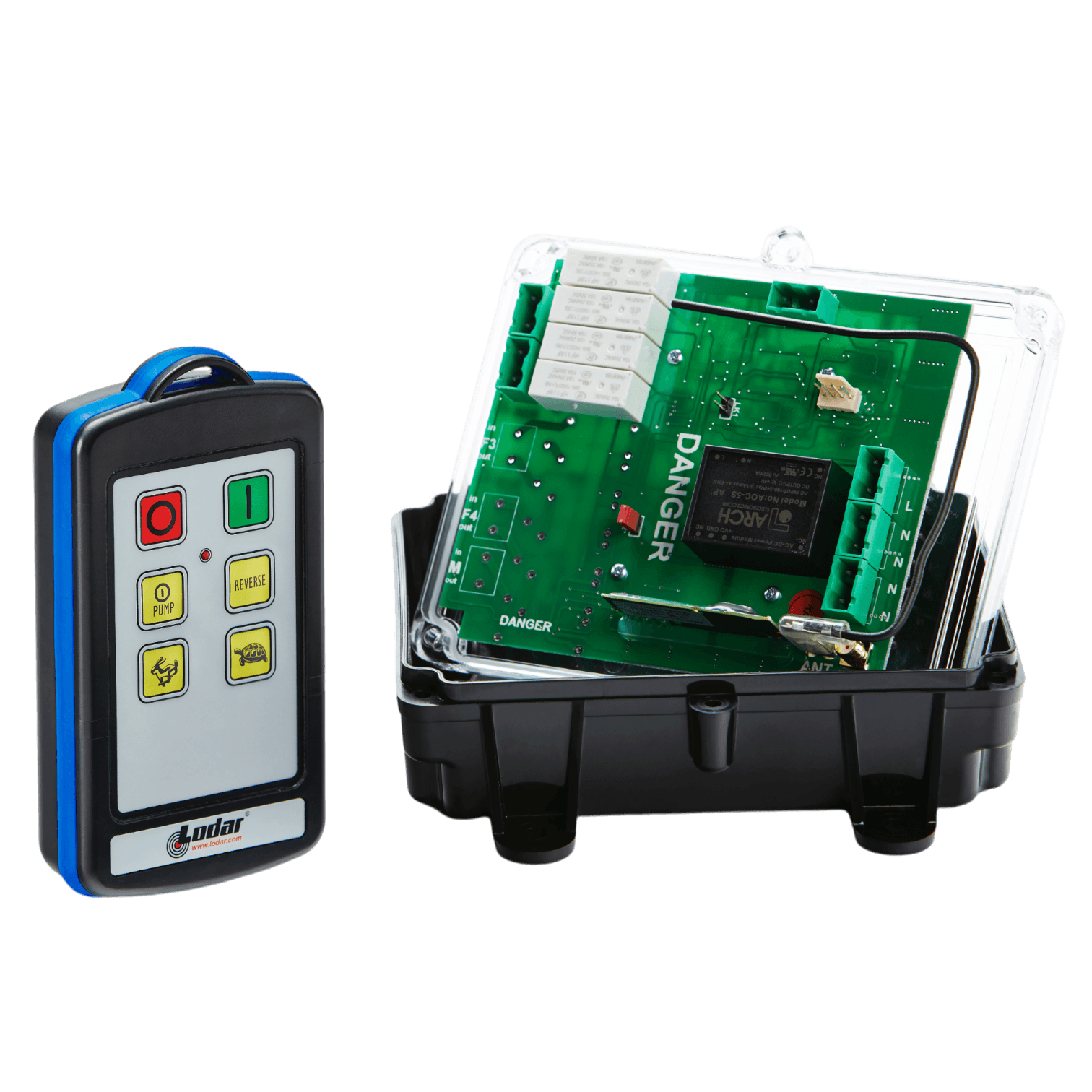 A 2 Function 110V IP Wireless Control System by Lodar LTD, featuring the Relay Receiver from the 96 Series with a remote control, showcases an open electronic circuit board with green components on a black base, all set against a white background.
