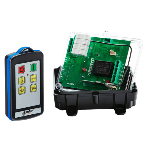 A 2 Function 110V IP Wireless Control System by Lodar LTD, featuring the Relay Receiver from the 96 Series with a remote control, showcases an open electronic circuit board with green components on a black base, all set against a white background.