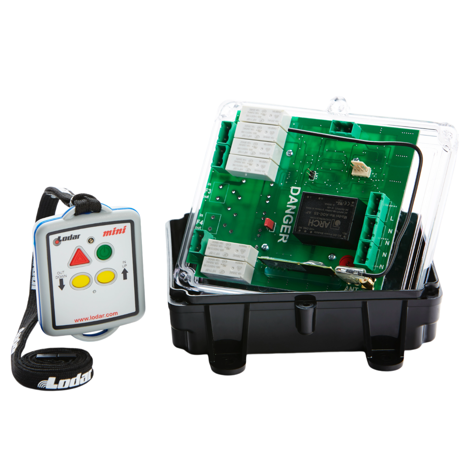 The 2 Function 110V Mini Wireless Control System from Lodar LTD, part of the 96 Series with a relay receiver, features a transparent casing to house a circuit board and includes a remote control with buttons and lanyard, offering seamless remote control functionality through its wireless mini transmitter capabilities.