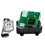 The 2 Function 110V Mini Wireless Control System from Lodar LTD, part of the 96 Series with a relay receiver, features a transparent casing to house a circuit board and includes a remote control with buttons and lanyard, offering seamless remote control functionality through its wireless mini transmitter capabilities.