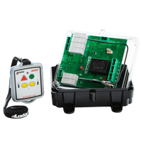 The 2 Function 110V Mini Wireless Control System from Lodar LTD, part of the 96 Series with a relay receiver, features a transparent casing to house a circuit board and includes a remote control with buttons and lanyard, offering seamless remote control functionality through its wireless mini transmitter capabilities.