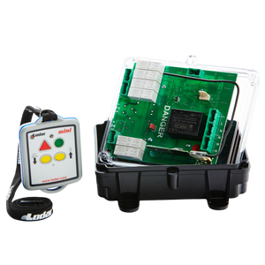 The 2 Function 110V Mini Wireless Control System from Lodar LTD, part of the 96 Series with a relay receiver, features a transparent casing to house a circuit board and includes a remote control with buttons and lanyard, offering seamless remote control functionality through its wireless mini transmitter capabilities.
