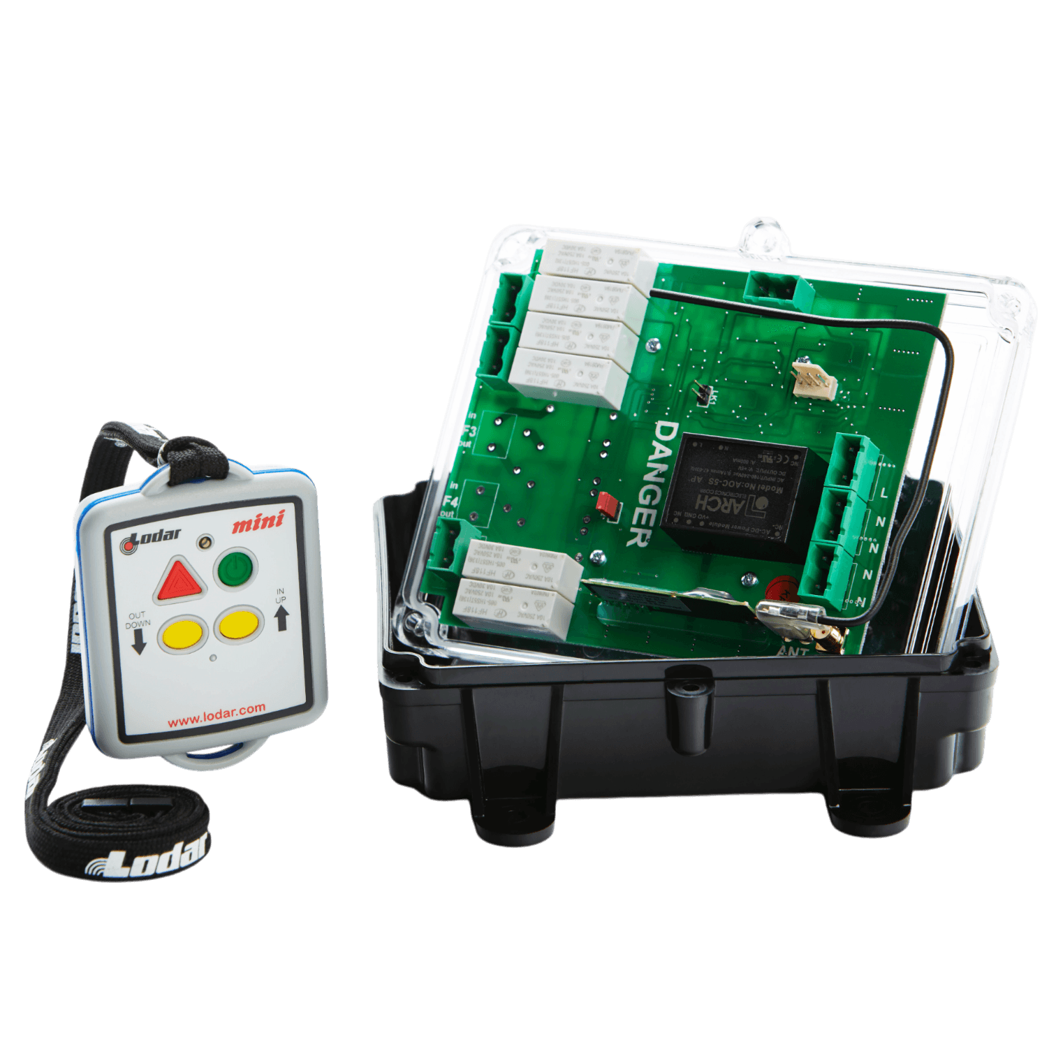 The 2 Function 110V Mini Wireless Control System from Lodar LTD, part of the 96 Series with a relay receiver, features a transparent casing to house a circuit board and includes a remote control with buttons and lanyard, offering seamless remote control functionality through its wireless mini transmitter capabilities.