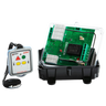 The 2 Function 110V Mini Wireless Control System from Lodar LTD, part of the 96 Series with a relay receiver, features a transparent casing to house a circuit board and includes a remote control with buttons and lanyard, offering seamless remote control functionality through its wireless mini transmitter capabilities.