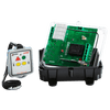 The Lodar LTD 2 Function 110V Mini Wireless Control System from the 96 Series, featuring a Relay Receiver without Master Output, includes a clear protective case housing an electronic circuit board labeled as DANGER. The system is paired with a Wireless Mini Transmitter on a lanyard, offering an impressive operating distance of up to 150 feet and boasting an IP67 rating for safety and reliability in challenging environments.