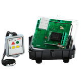 The Lodar LTD 2 Function 110V Mini Wireless Control System from the 96 Series, featuring a Relay Receiver without Master Output, includes a clear protective case housing an electronic circuit board labeled as DANGER. The system is paired with a Wireless Mini Transmitter on a lanyard, offering an impressive operating distance of up to 150 feet and boasting an IP67 rating for safety and reliability in challenging environments.