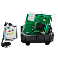 The Lodar LTD 2 Function 110V Mini Wireless Control System from the 96 Series, featuring a Relay Receiver without Master Output, includes a clear protective case housing an electronic circuit board labeled as DANGER. The system is paired with a Wireless Mini Transmitter on a lanyard, offering an impressive operating distance of up to 150 feet and boasting an IP67 rating for safety and reliability in challenging environments.