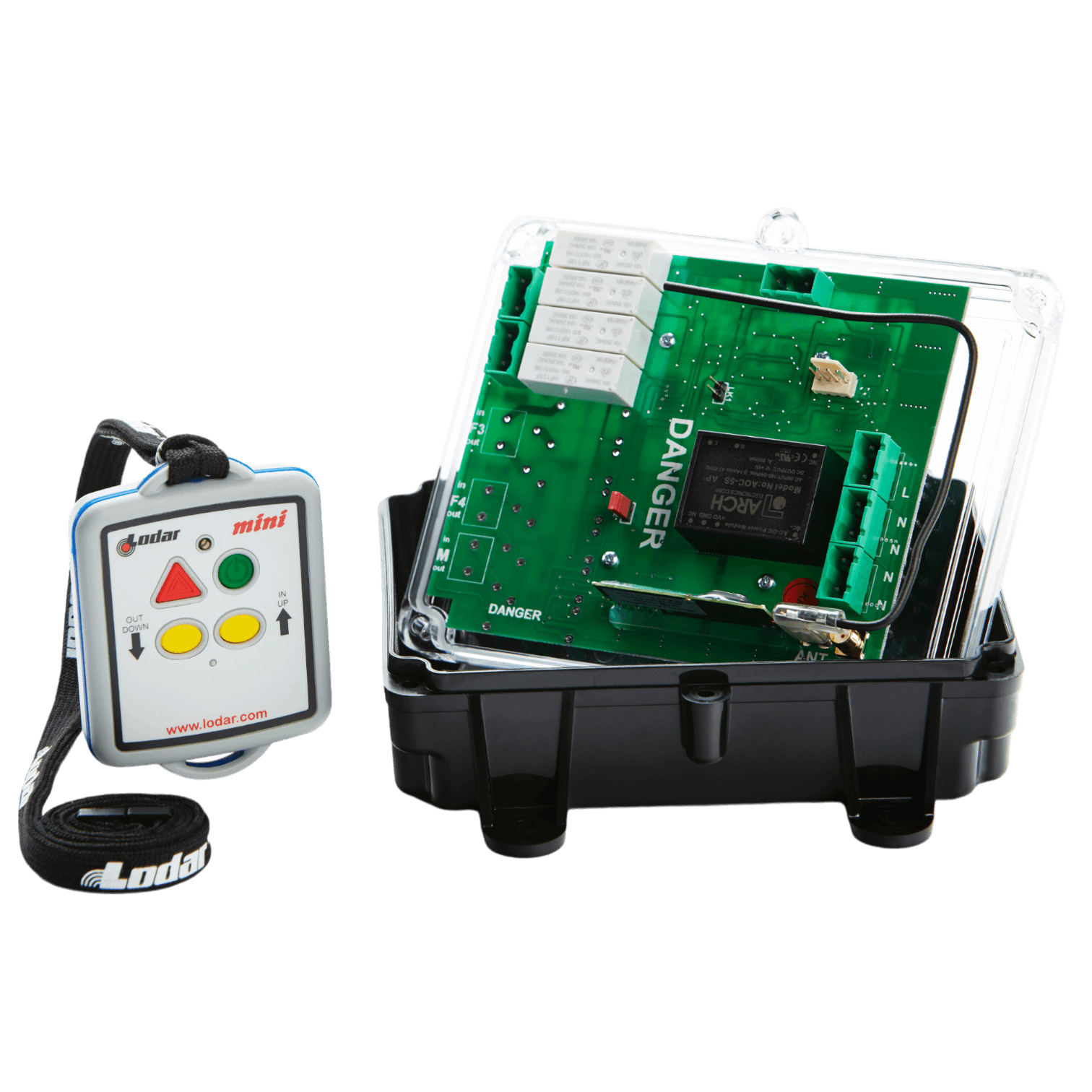 The Lodar LTD 2 Function 110V Mini Wireless Control System from the 96 Series, featuring a Relay Receiver without Master Output, includes a clear protective case housing an electronic circuit board labeled as DANGER. The system is paired with a Wireless Mini Transmitter on a lanyard, offering an impressive operating distance of up to 150 feet and boasting an IP67 rating for safety and reliability in challenging environments.