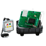 The Lodar LTD 2 Function 110V Mini Wireless Control System from the 96 Series, featuring a Relay Receiver without Master Output, includes a clear protective case housing an electronic circuit board labeled as DANGER. The system is paired with a Wireless Mini Transmitter on a lanyard, offering an impressive operating distance of up to 150 feet and boasting an IP67 rating for safety and reliability in challenging environments.