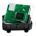 The 2 Function 110V Replacement Relay Receiver from Lodar LTD, part of the 96 Series with no master output, includes an electronic circuit board encased in transparent plastic and labeled DANGER, all mounted on a sleek black base. Its IP 65 rating guarantees durability and safety in demanding environments.