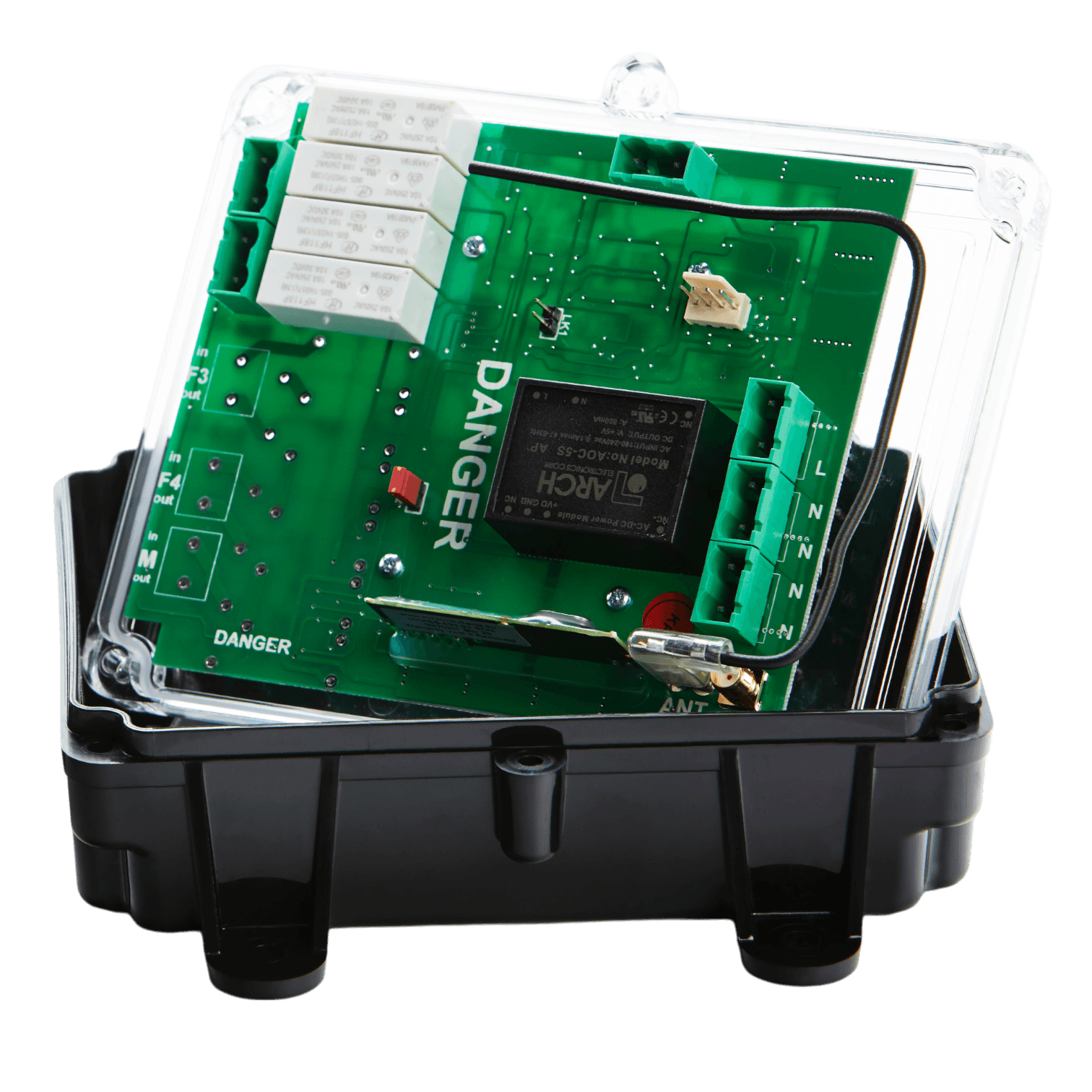The 2 Function 110V Replacement Relay Receiver from Lodar LTD, part of the 96 Series with no master output, includes an electronic circuit board encased in transparent plastic and labeled DANGER, all mounted on a sleek black base. Its IP 65 rating guarantees durability and safety in demanding environments.