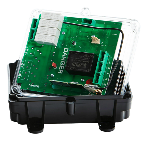 The 2 Function 110V Replacement Relay Receiver from Lodar LTD, part of the 96 Series with no master output, includes an electronic circuit board encased in transparent plastic and labeled DANGER, all mounted on a sleek black base. Its IP 65 rating guarantees durability and safety in demanding environments.