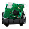 The 2 Function 110V Replacement Relay Receiver from Lodar LTD, part of the 96 Series with no master output, includes an electronic circuit board encased in transparent plastic and labeled DANGER, all mounted on a sleek black base. Its IP 65 rating guarantees durability and safety in demanding environments.