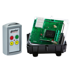 Introducing the Lodar LTD 2 Function 110V Standard Wireless Control System, part of the 96 Series. This relay receiver includes a remote control and features a "danger" labeled circuit board housed within a transparent cover.