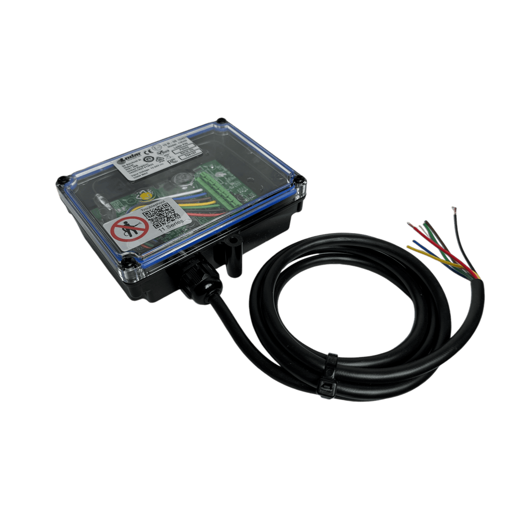 The PIERCE 2 Function 12/24V Replacement Receiver | PS Series is shown in a clear plastic junction box with exposed wires, QR code, and IP67 rating, displayed on a black background.