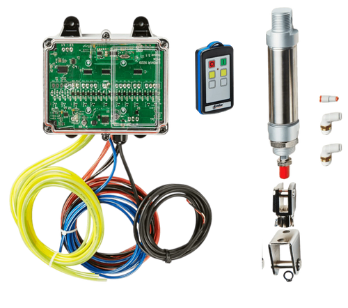 Lodar Service 2 Function IP Wireless Actuator Control System (92 Series, FET Air Receiver) includes an electronic control box, colored wires, remote, metal sensor, and connectors—perfect for wireless pneumatic actuator integration.