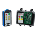 The 2 Function IP Wireless Control System | 92 Series | FET Keypad Receiver by Lodar LTD provides seamless management for your solenoid-operated equipment, featuring a remote and electronic circuit board equipped with various buttons like arrows and stop symbols.