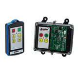 The 2 Function IP Wireless Control System | 92 Series | FET Keypad Receiver by Lodar LTD provides seamless management for your solenoid-operated equipment, featuring a remote and electronic circuit board equipped with various buttons like arrows and stop symbols.