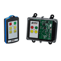 The 2 Function IP Wireless Control System | 92 Series | FET Keypad Receiver by Lodar LTD provides seamless management for your solenoid-operated equipment, featuring a remote and electronic circuit board equipped with various buttons like arrows and stop symbols.