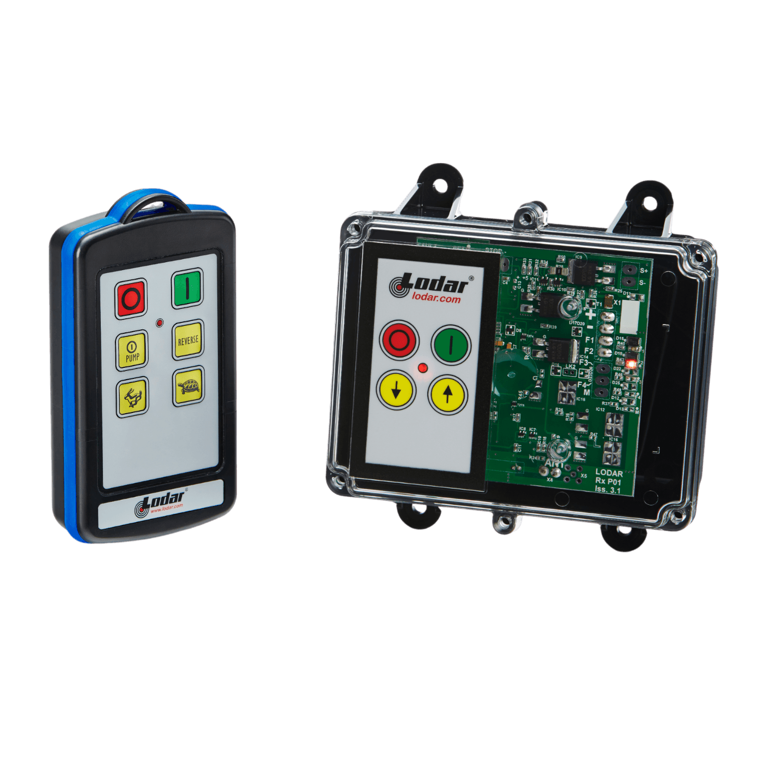 The 2 Function IP Wireless Control System | 92 Series | FET Keypad Receiver by Lodar LTD provides seamless management for your solenoid-operated equipment, featuring a remote and electronic circuit board equipped with various buttons like arrows and stop symbols.