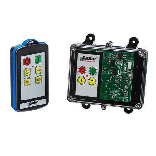 The 2 Function IP Wireless Control System | 92 Series | FET Keypad Receiver by Lodar LTD provides seamless management for your solenoid-operated equipment, featuring a remote and electronic circuit board equipped with various buttons like arrows and stop symbols.