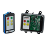 The 2 Function IP Wireless Control System | 92 Series | FET Keypad Receiver by Lodar LTD provides seamless management for your solenoid-operated equipment, featuring a remote and electronic circuit board equipped with various buttons like arrows and stop symbols.