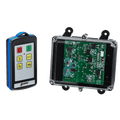 Lodar LTD 2 Function IP Wireless Control System | 92 Series | FET Receiver: A remote control device positioned beside a transparent electronic circuit board encased in a black housing.