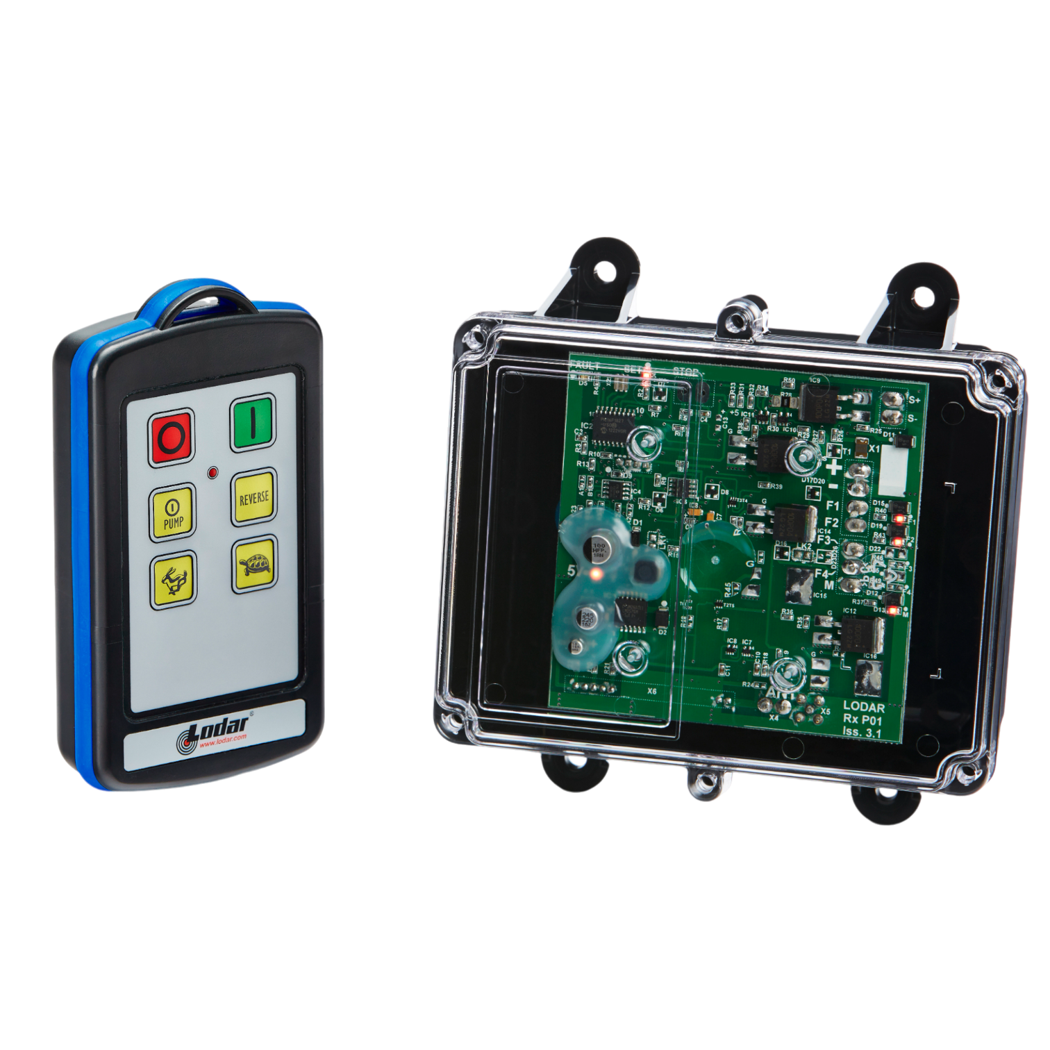 Lodar LTD 2 Function IP Wireless Control System | 92 Series | FET Receiver: A remote control device positioned beside a transparent electronic circuit board encased in a black housing.