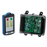 Lodar LTD 2 Function IP Wireless Control System | 92 Series | FET Receiver: A remote control device positioned beside a transparent electronic circuit board encased in a black housing.