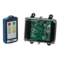 Lodar LTD 2 Function IP Wireless Control System | 92 Series | FET Receiver: A remote control device positioned beside a transparent electronic circuit board encased in a black housing.