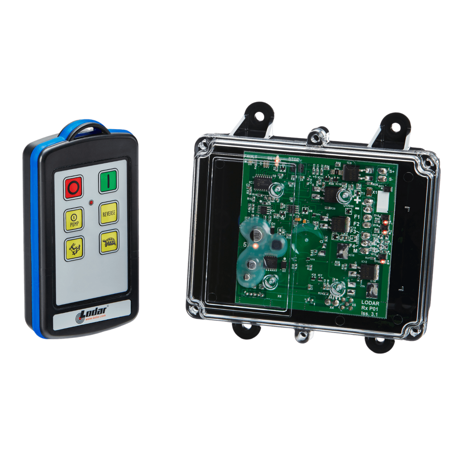 Lodar LTD 2 Function IP Wireless Control System | 92 Series | FET Receiver: A remote control device positioned beside a transparent electronic circuit board encased in a black housing.