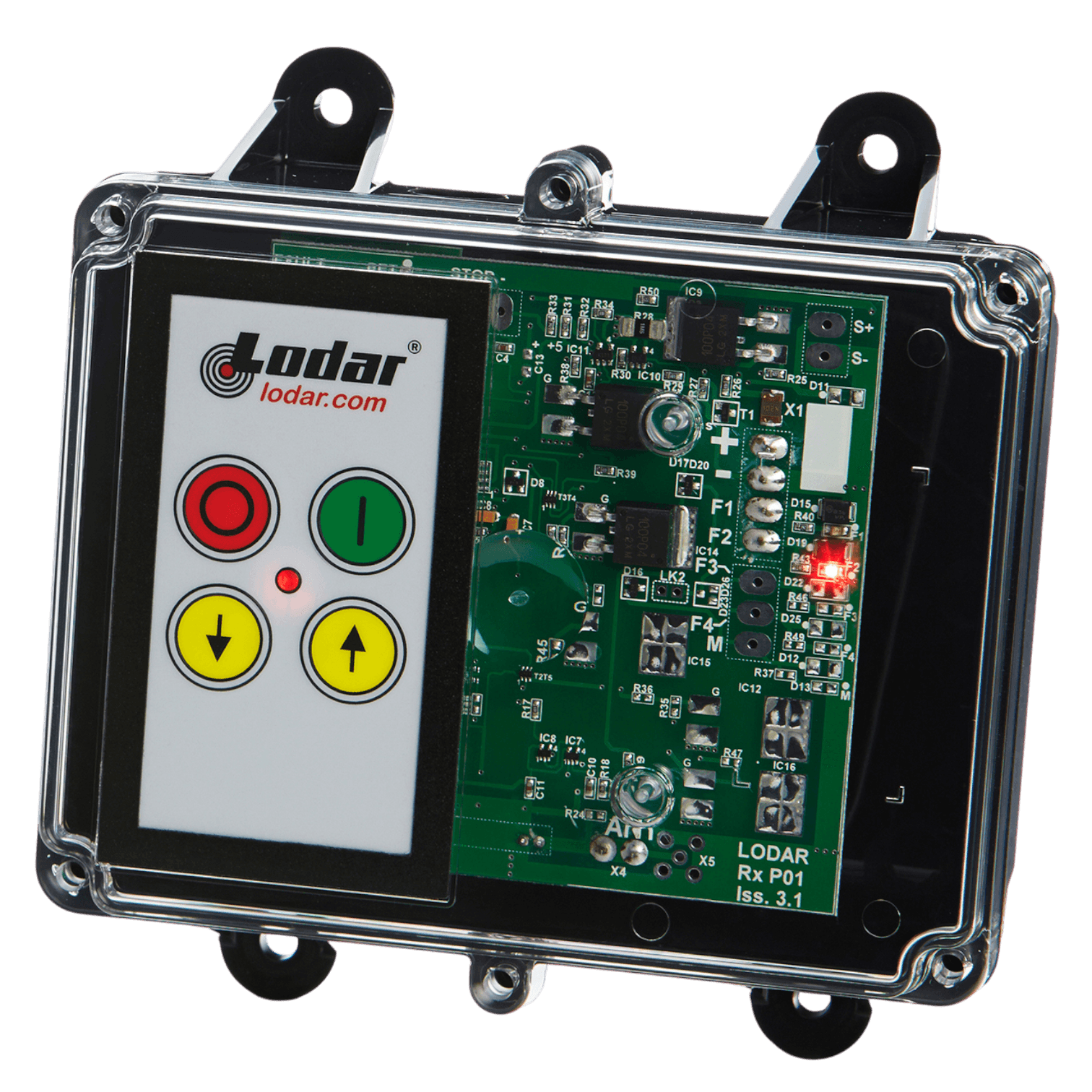 The 2 Function Lodar Replacement FET Keypad Receiver from Lodar LTD showcases a transparent electronic control box equipped with a circuit board and colored buttons on the left side, featuring a built-in keypad for seamless control.