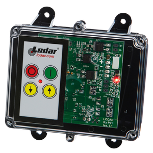 The 2 Function Lodar Replacement FET Keypad Receiver from Lodar LTD, part of the 92 Series and with no master output, includes a circuit board and an integrated keypad featuring buttons and a logo on the front panel, offering an IP54 rating for enhanced protection.
