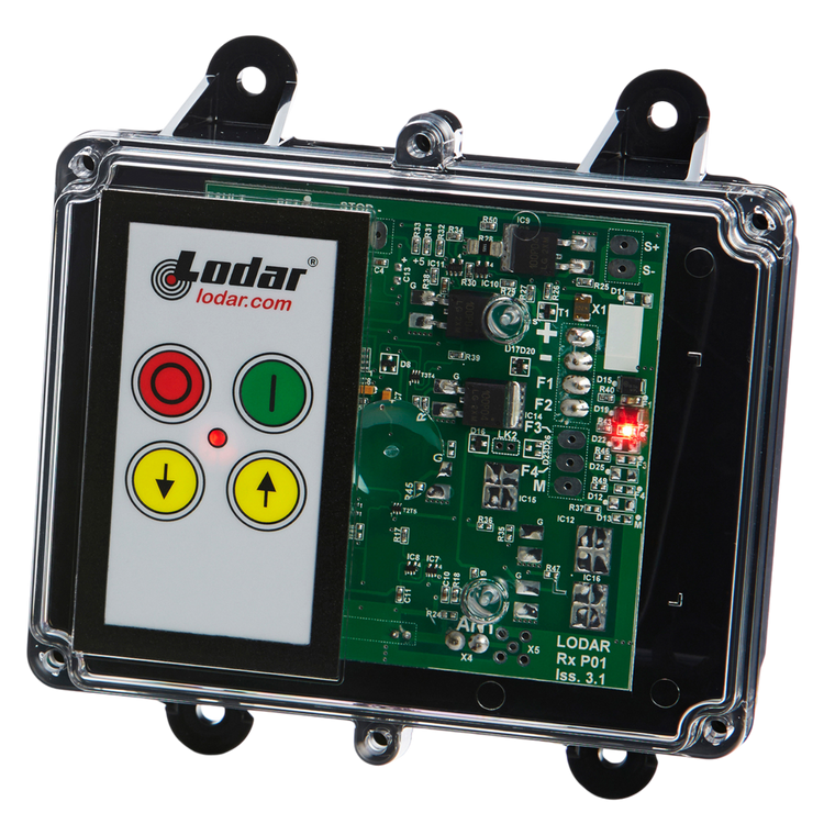 The 2 Function Lodar Replacement FET Keypad Receiver from Lodar LTD, part of the 92 Series and with no master output, includes a circuit board and an integrated keypad featuring buttons and a logo on the front panel, offering an IP54 rating for enhanced protection.