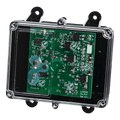 Close-up of a green circuit board from Lodar LTD's 2 Function Lodar Replacement FET Receiver | 92 Series, encased in a transparent plastic box with mounting holes, boasting an IP67 rating for optimal protection.